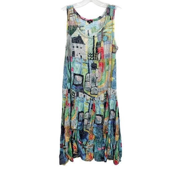 Shana Tie Up Poof Bubble Dress Multicolor Artsy Print Lagenlook Midi Size Medium - Picture 1 of 6